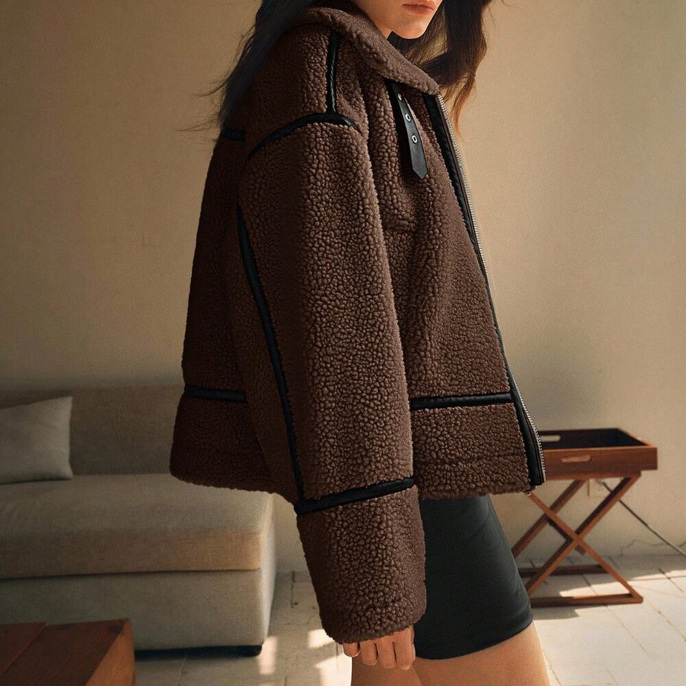 Coffee Brown Casual Women's Patchwork Jacket - Picture 8 of 8